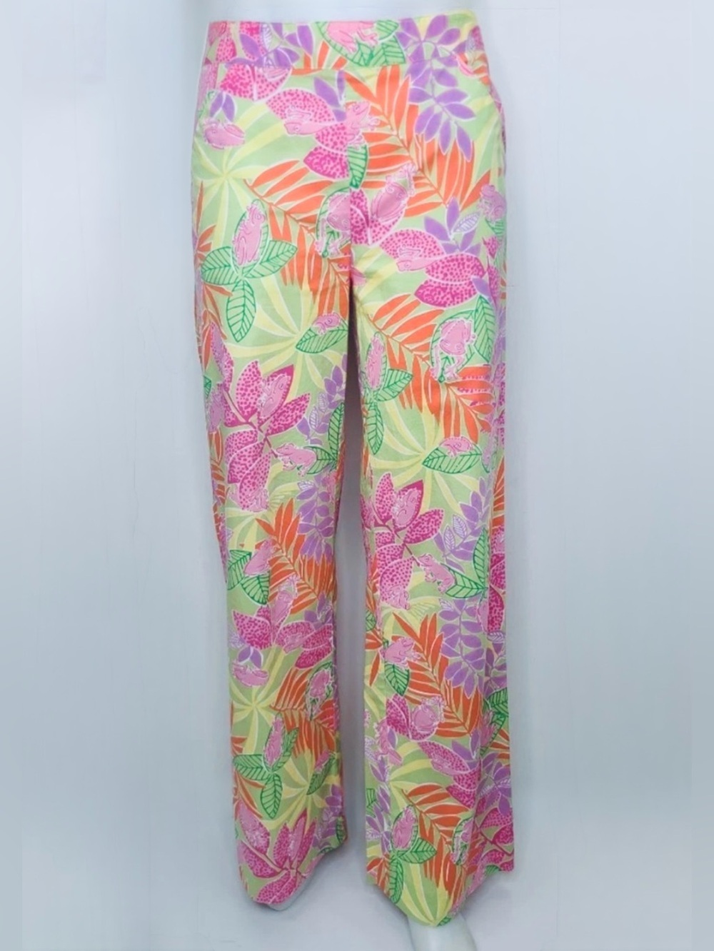 LILLY PULITZER, Vintage Wide Leg Cotton Pants in Tropical Frog Print Theme, Sz 4